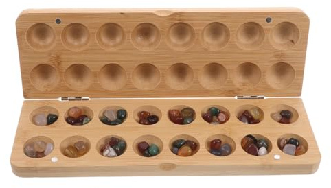NOLITOY Mancala Brettspiel Faltbar aus Bambus mit Bunten Kieselsteinen Tragbares Strategiespiel für Räumlichen Denkens und Familien Spielspaß