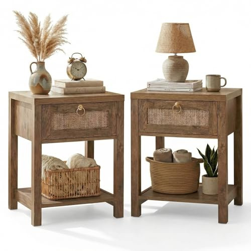 VOWNER Rattan Nachttisch Set 2er, Landhausstil Beistelltisch mit Schublade und Ablage, Böhmischer Sideboard für Schlafzimmer, Wohnzimmer, Flur, Gästebuchregal, 45 x 39 x 59cm (Eiche dunkel)