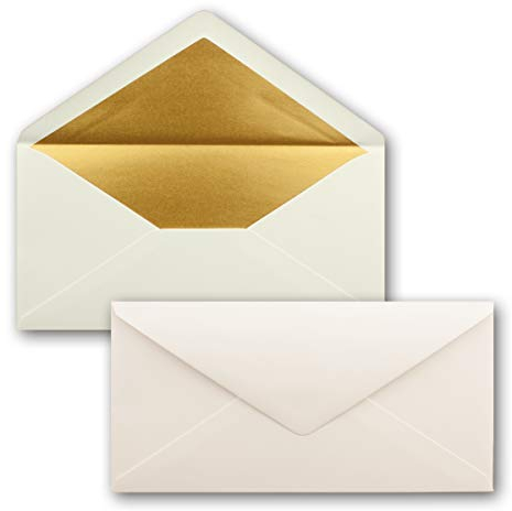 15 Brief-Umschläge DIN Lang - Naturweiss mit Gold-Metallic Innen-Futter - 110 x 220 mm - Nassklebung - festliche Kuverts für Weihnachten