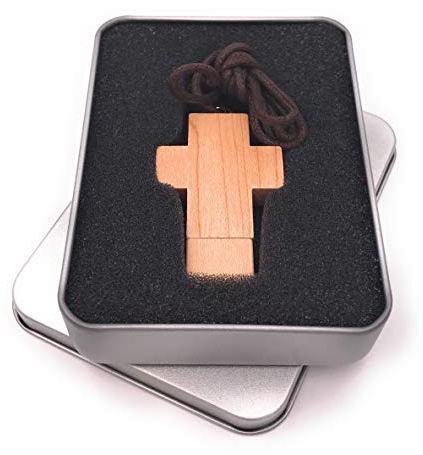 Onwomania Kreuz aus echtem Holz Christi USB Stick in Alu Geschenkbox 32 GB USB 2.0