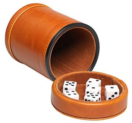 RERIVER Kunstleder-Würfelbecher mit Deckel, inklusive 6 Würfeln, Samt-Innenseite, leise im Schütteln für Liars Würfel, Farkle Yahtzee, Brettspiele, Braun