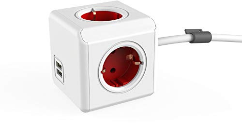 Dr. Bott Power-Würfel Extended DuoUSB DE, Steckdosenwürfel mit 4 Steckdosen und 2 USB Ports, Schreibtisch Montage-Kit und 1,5m Kabel, rot-weiß