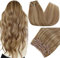 RUNATURE Clip in Extensions Echthaar Braun Hervorheben Blond Haarextensions 35cm Echthaar Extensions Clip Gerade Echthaar Clip in Extensions Dunkelblond Mit Goldblond 7Pcs 120g #10P16