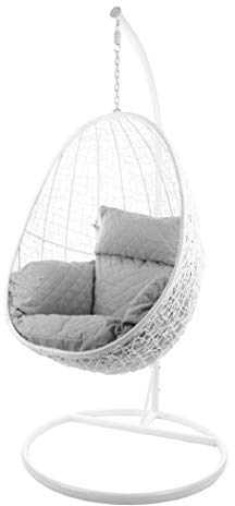 Kideo Komplettset: Hängesessel mit Gestell & Kissen, Lounge-Möbel, Poly-Rattan (Gestell- und Korbfarbe: weiß, Kissen: grau gesteppt Nest (8010_Diamond_Cloud))