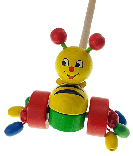 Hess Holzspielzeug 14457 - Schiebefigur aus Holz, bunte Biene, ca. 13 x 15 x 60 cm, kindgerechtes Spielzeug zum Schieben und Ziehen für Kleinkinder