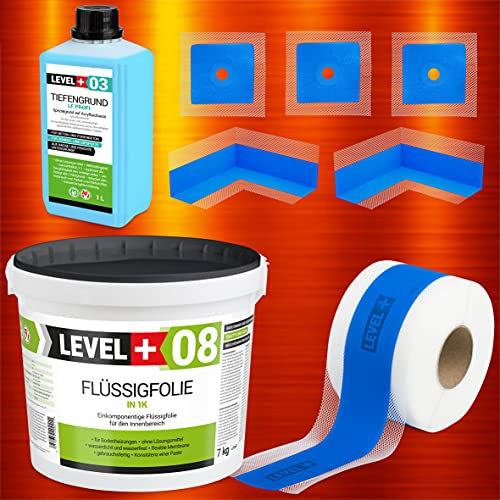 SET345 Kit d'étanchéité 7 kg de film liquide, 5 m de bande d'étanchéité, 2 coins intérieurs, 3 manchettes murales, 1 l de fond de profondeur, douche, salle de bain, cuisine