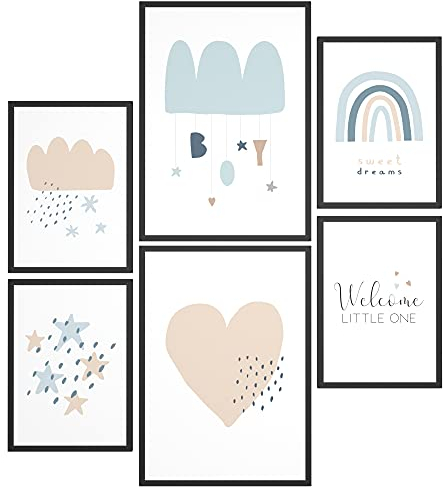 Papierschmiede® Bilder Kinderzimmer Kids Mood Poster Set Welcome Little Boy, Kinderzimmer Bilder Babyzimmer Deko, 2x DIN A3 und 4x DIN A4, Blau Jungen Geburt Geschenk - Kinderposter ohne Rahmen