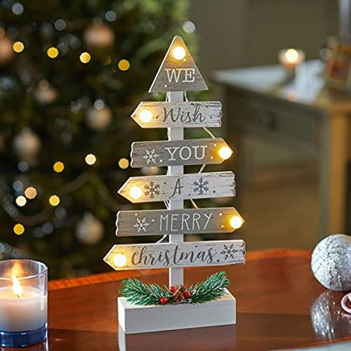 Marco Paul Wooden Christmas Tree with 6 LED Lights - Battery Powered Hand Painted Silver and White Xmas Tree Light Up Christmas Decoration for Home, Office, Indoor Use
