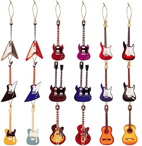 Haooryx 37 Stück Weihnachtsgitarre Holzornamente Weihnachten Holz Gitarre Hängende Ornamente Dekoration Musikinstrument Schild Weihnachtsbaum Dekorative Holzscheiben Anhänger Geschenkanhänger