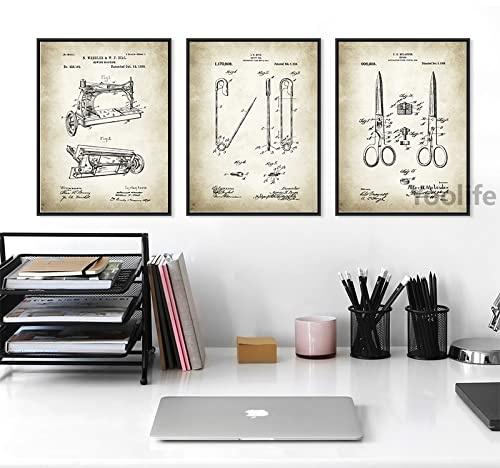 TANYANG Nähmaschine Patent Vintage Poster Industrieller Kunstdruck Retro Wandbilder 3 Stück Leinwand Malerei Handwerk Raumdekoration Nähen 40Cmx60Cmx3Pcs Kein Rahmen