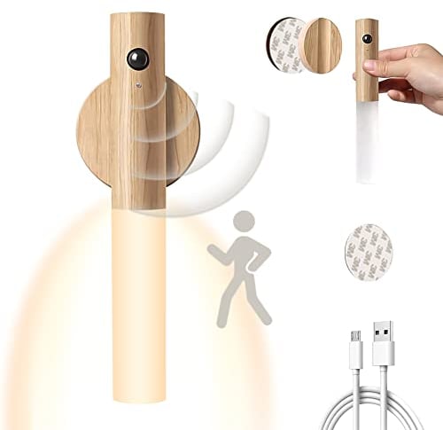 WORLUDE USB Aufladbar Wandleuchte Holz Innen mit Bewegungsmelder Induktions, Akku LED Wandlampe Warmweiß Magnetische Bettlampe für Wohnzimmer Schlafzimmer Treppenhaus Flur (Holz)