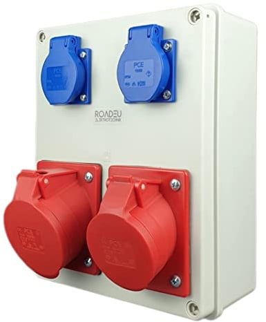 RoadEu - Steckdosenverteiler - CEE 32A und 16A Steckdose mit 2x Schuko 230V. Stromverteiler IP44 Für den Innen- und Außeneinsatz Baustromverteiler 16A, 32A. Ausschließlich Europäische Komponenten.