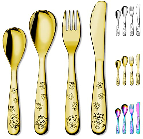 Berglander Oro Posate Bambini 4 pezzi in acciaio inox, placcatura oro titanio forchetta e cucchiaio di sicurezza per bambini, specchio Lucidato con bordo liscio, lavabile in lavastoviglie
