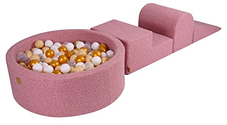 MEOWBABY Bällebad mit Schaumstoff Bausteinen - Spielplatz aus Schaumstoff mit 200 Bällen für Kinder - Weiches Indoor Bällebad Baby ab 1 Jahr, Boucle, Rosa