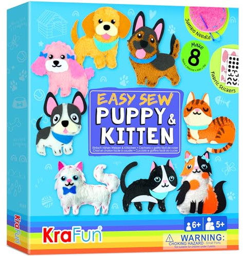 KRAFUN Easy Sew Welpe und Kätzchen für Kunst- und Bastelanfänger für Kinder, 8 einfache DIY-Projekte mit Stofftierpuppen von Welpen und Kätzchen, Hunden und Katzen, Anleitung und Filz, Geschenk