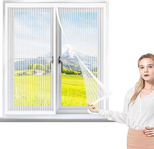 Fliegengitter Fenster 60 x 115 cm, Insektenschutz mit Starkem Klettband, vollmagnetisch, schließt automatisch für Alle Arten von Fenstern, Weiß