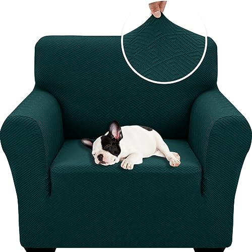XINEAGE Sofabezug 1 Sitzer, High Stretch Sofaüberwurf für Wohnzimmer, Moderne Sofaüberzug, Jacquard Sofa überzug für Hunde, Haustiere, Rutschfester Sofa Cover (1 Sitzer, Dunkelgrün)