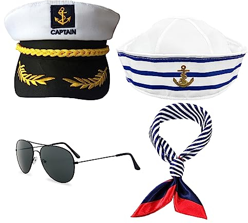 MIVAIUN 4 Stück Kapitän Matrosen Kostüm Set Yacht Kapitän Mütze Matrosenmütze Schal Sonnenbrille Marineblaue Hüte Streifen Matrosenmütze für Erwachsene Marineblaues Verkleidungsparty(4 Stück)