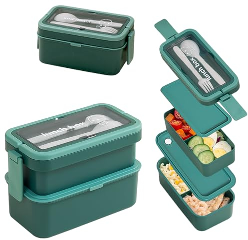 Echehi Fiambrera de 2 Capas con Compartimentos para Adultos y Niños, 950+550ml Fiambrera Apilable de Gran Capacidad, Fiambrera Bento con Tenedor y Cuchara y Asa Oculta. Verde