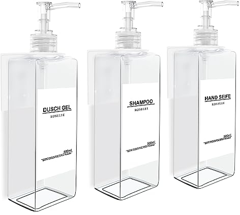 Roselee Set di 3 dispenser di sapone da parete, dispenser di sapone per doccia, senza foratura, 500 ml, dispenser di sapone da parete, trasparente, con imbuto ed etichette impermeabili per cucina,