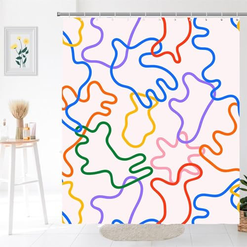Guofuos Duschvorhang Farbige Linien 90x190cm Duschvorhäng Anti Schimmel,Wasserabweisend Stoff Duschrollo Waschbar,3D Draussen Bad Vorhang Schnell Trocknend,Badewanne Badezimmer Decor Vorhänge