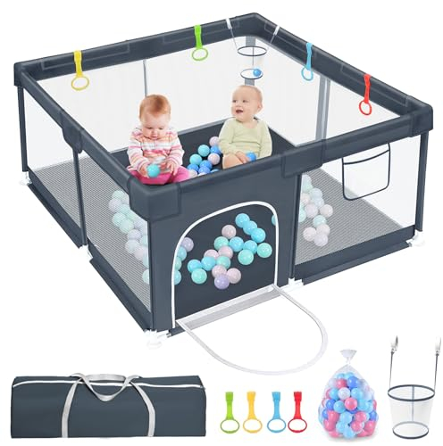 LQIKARL Baby Laufstall für Babys und Kleinkinder mit Korb, 50pcs Ocean Balls, 4 Zugringe, Anti-Kollisionsschaum & Atmungsaktives Netz, Laufstall Innen, Aktivitätszentrum für Babys Kinder Kleinkinder