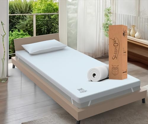 Sleepy Owl Memory Foam Mattress Topper For SINGLE Bed, 7cm Thick Gel Infused Orthopedic Mattress Pad for Back Pain, Removable Washable Zipped Cover with Elastic Straps (Single 90x190, 7 cm)