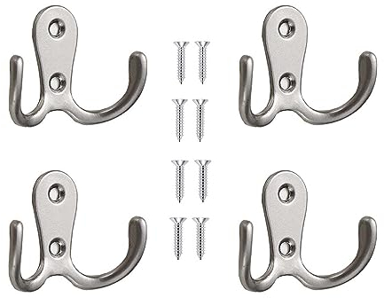 Yesmin 4 Pcs Double Prong Robe Hooks, Dual Coat Hooks Wall Mounted Hanging Clothes for Bathroom Bedroom Door Wall Retro Metal Cloth Hanger Double Coat Hooks with 8 Screws (Matte Silver)