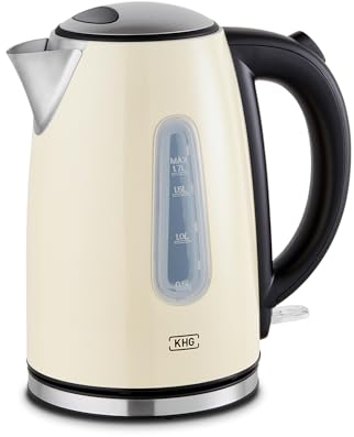 KHG Wasserkocher WK-1707 (CE) Creme, 1,7l Kapazität, Edelstahl Chrom, LED Leuchte, Wasserstandanzeige, öffnen per Knopfdruck, Kochzeit 3 Minuten, Kalkfilter, Trockengehschutz, 2200 Watt