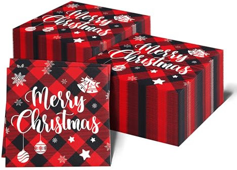 Lot de 100 serviettes de table jetables en papier de Noël à carreaux rouges de 17 x 17 cm pour Noël, les vacances, la maison, la cuisine, les fêtes, les fournitures de table