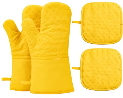 Piduules Set mit 4 Ofenhandschuhen und Topflappen, 482 F hitzebeständige Kochplatte bewegliche rutschfeste Handschuhe für BBQ, Grill, Backen, Kochen, Backofen, Mikrowelle (Gelb)