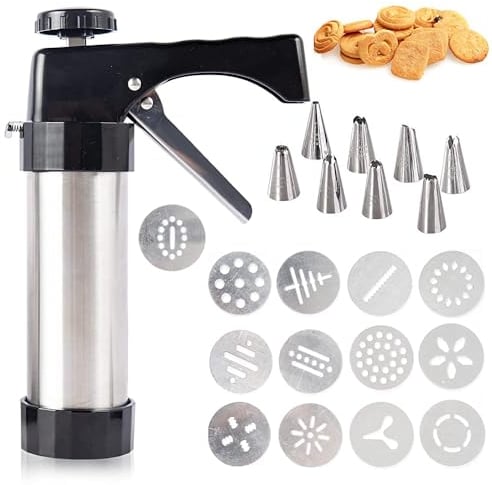 Bubuny Pastry Press, Pastry Press, Pastry Syringe, Stainless Steel Cookie Press, Biscuit Press, Garnish Syringe Set with 8 Stencils, 8 Nozzles, Portable Biscuit Machine, Baking Syringe, DIY Baking