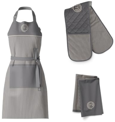 MasterChef Cotton Textiles Kitchen Gift Set, Includes Chef Apron, Double Oven Glove & Pack of 2 Tea Towels, All Items Feature Official Show Logo, Fully Machine Washable, Unisex, Earth Collection