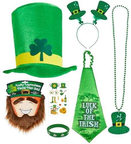 sazpajacos 7Pcs St. Patrick's Day Kobold Hut Set St. Patrick's Day Kostümzubehör Partyzubehör Enthält Koboldhut, Armband, Bart, Kopfschmuck, Fliege, Koboldhut Halskette, Aufkleber, Grün