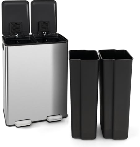 GOPLUS Poubelle à Domicile avec 2 Compartiments de 30L, Poubelle avec Ouverture Douce et Fermeture Lente, Compartiment Désodorisant Intégré et Cadre Résistant aux Empreintes Digitales, Argent (2x30L)