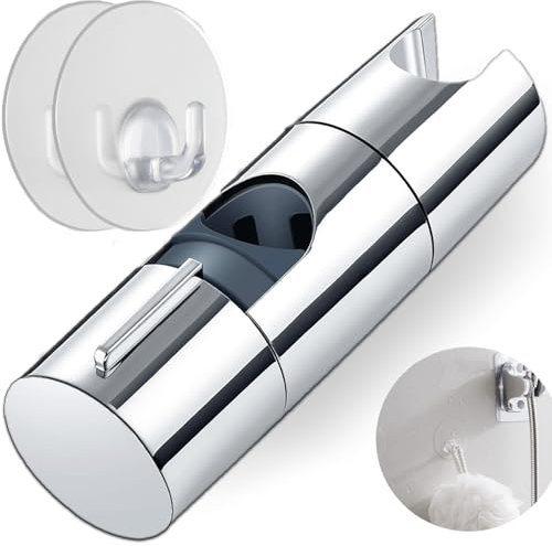Adjustable Shower Head Holder Replacement for Slide Bar Universal 19-25MM Shower Head Holder Bracket Replacement for Slide Rail Shower Head, Chrome Plated, Easy Installation(Bonus 2pcs Adhesive Hook)