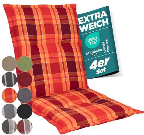gardisun Gartenstuhlauflagen Niedriglehner I Extra Dicke Sitzauflagen I Made in EU I Ideale Stuhlauflagen für Niederlehner Gartenstuhl I Auflagen mit extra hoher Lichtechtheit I 4er Set I Rot kariert