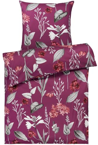 Pure Label Blumen Bettwäsche 135x200 cm mit einem Kissenbezug 80x80 cm - Traumhaft weiches Bettwäsche-Sets 135 x 200 cm in Beere aus 100% Baumwolle mit YKK Reißverschluss