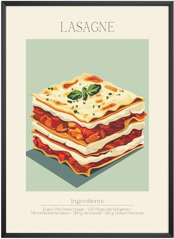 MJ-GRAPHICS - Poster Lasagne - Bild mit Speisen Rezept & Zutaten - Wandbild Din A3 in Galerie Qualität mit extra dickem 300g Posterpapier - Retro Poster FineArt Kunstdruck ohne Bilderrahmen