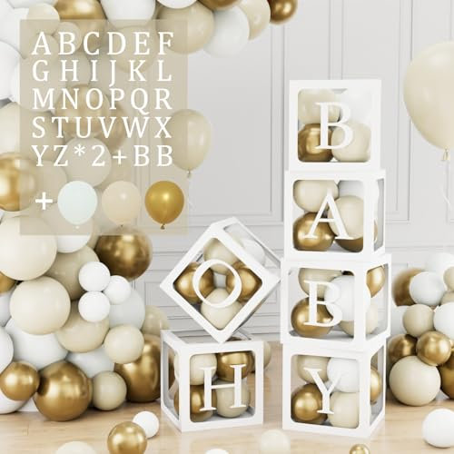 105 Babyparty Box Deko für Mädchen Junge, 6 Transparente Luftballon Boxen mit 54 Buchstaben (B+A-Z*2), 45 Luftballon Sand Weiß Gold, Baby Ballon Boxen für Baby Shower, Babyparty, Geburtstag Dekoration