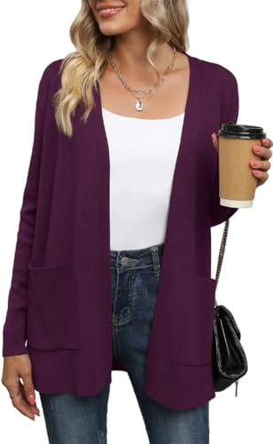 Yommay Strickjacke für Damen Elegante locker lässig leichtes Frauen Herbst Langarm Pullover mit Taschen,Lila,XXL