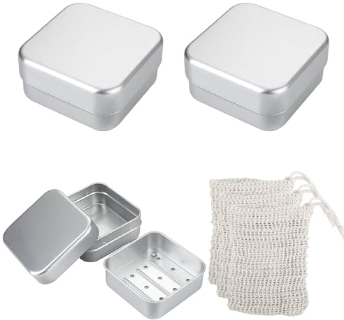 3 Stück Seifendose Reise, Aluminum Seifenbox Seifenschalen mit Abtropfgitter und Seifensäckchen Rasierseife Box für Rasierseife und Festes Shampoo für Hause Reisen