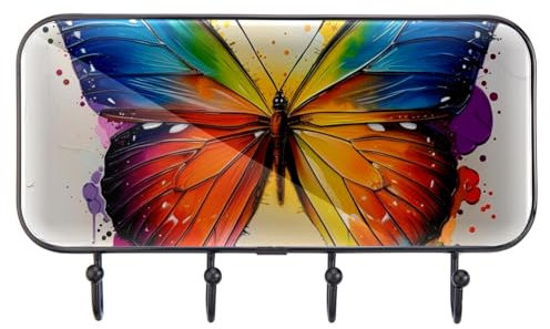 etoenbrc Perchero de tinta con diseño de mariposa arcoíris para colgar abrigos, 4 ganchos de hierro para colgar abrigos, percheros decorativos para pared, resistentes para ropa, bolsas y llaves