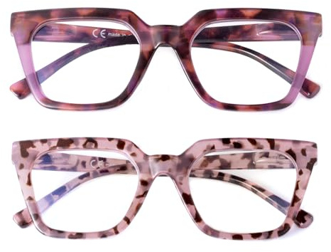 SKYWAY 2 Pack Groß Lesebrille für Damen, Stilvolle übergroße Blaulichtfilter Computerbrille mit Federscharnier, Lesebrille 2.0,Rosa Schildpatt/Lila Schildpatt