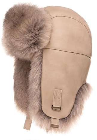 Futrzane Trapperhut aus Leder - Fliegermütze Damen - Russische Mütze Uschanka (S, Sand - Beige Siberian)