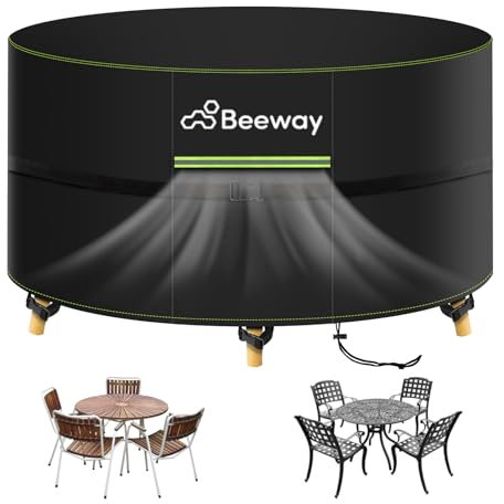 BEEWAY Garden Table Cover Round Waterproof with Air Vent, Patio Furniture Table and Chair Set Cover Outdoor - 420D Oxford Fabric, Windproof - Circular Φ128 x 72cm