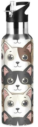 Niigeu Mignon Bébé Chat Chaton Bouteille d'eau Isotherme avec Paille en Acier Inoxydable Gourde, Sans BPA Gourdes Eau pour Enfant Sport Randonnée École Bureau (600ml/1L)