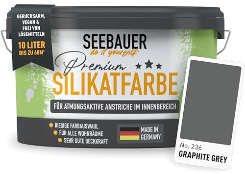 SEEBAUER diy Silikatfarbe Dunkelgrau 10L für Innen (No. 236 Graphite Grey) Atmungsaktive Mineralfarbe für Allergiker - Abwaschbare Wandfarbe - Grautöne hohe Deckkraft