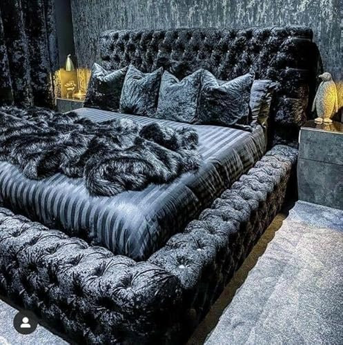 Black Crushed Velvet Upholstered Regal Ambassador Bed Frame and Headboard - Mattress/Diamante Hand Made in the UK (Black Crush, Super King 6FT With Matterss)