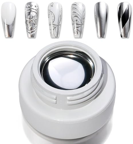 Metallic Painting Gel - Silver Chrome Gel Nail Polish - Mirror Metallic Gel Nail Polish - UV Gel Nail Art - Soak off Gel Nail Polish for Women Painting Drawing Liner French Nails